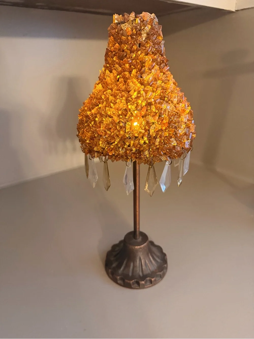 Vintage Handmade Amber Beaded Candle Holder with Crystal Drops